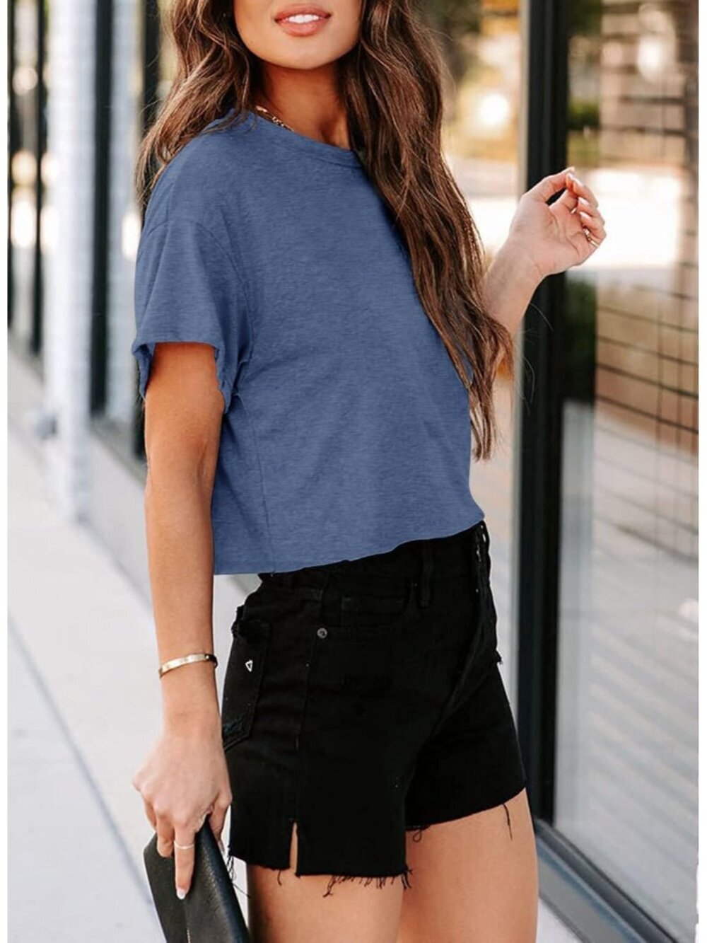 〽️Women's Royal Blue Short Sleeve Crew Neck Loose Casual Drop Shoulder Crop Tops